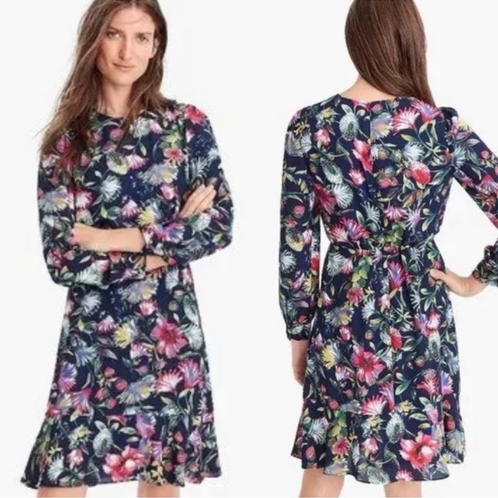 J. Crew Navy Painted Floral Flouncy Hem‎ Dress Long Sleeve Pleated Wedding 14